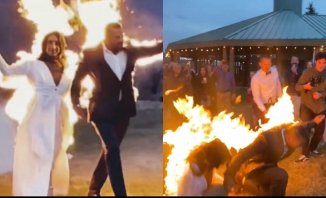 عروسان يضرمان النار بأنفسهما خلال حفل زفافهما.. شاهد