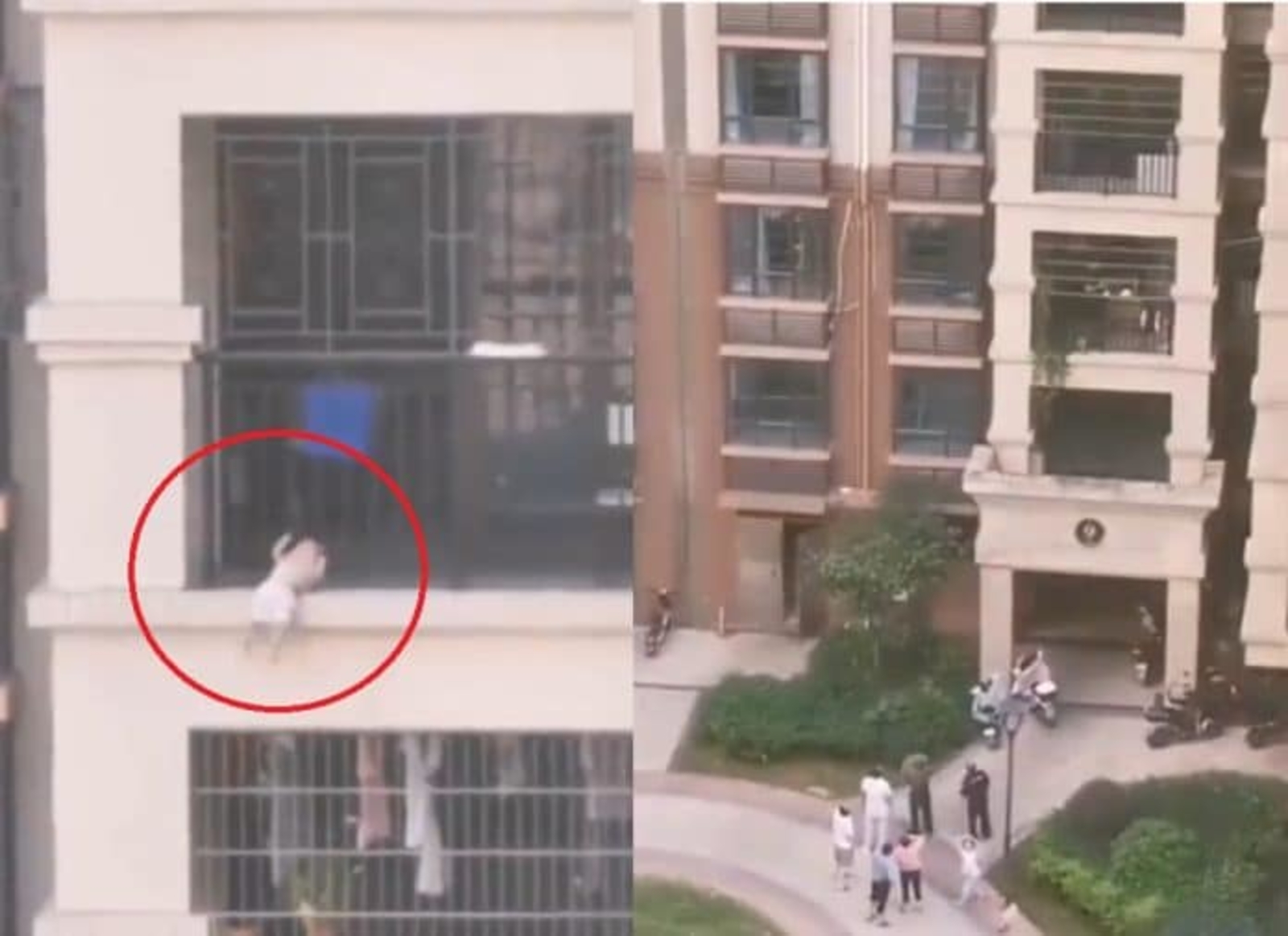 بالفيديو- طفل يتدلى من الطابق السابع بمشهد يحبس الأنفاس..ورجل ينقذه بصعوبة